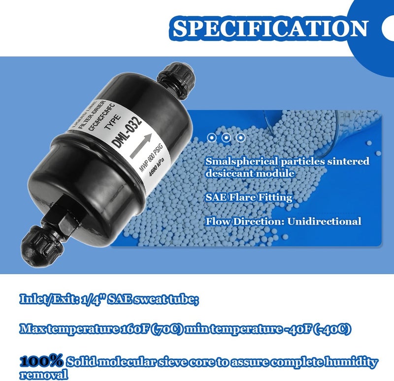 BOJACK 1/4 in Liquid Line AC Filter Drier hvac Refrigeration 032 SAE Flare connection universal unidirectional DML-032 - Image 5